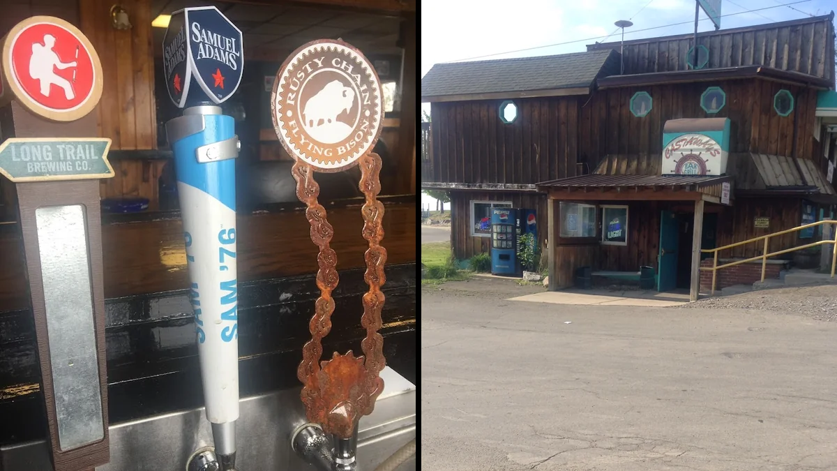 Waterfront bar and grill with lake views.